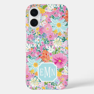 Colourful Pink Garden Monogrammed iPhone 16 Case