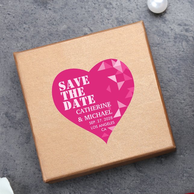 Colourful Pink Geometric Wedding Save The Date Heart Sticker (Creator Uploaded)