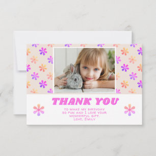 Colourful Pink Glitter Flowers Birthday Girl Photo Thank You Card
