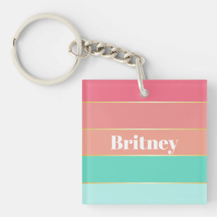 Colourful Pink Green Personalized Colour Stripes Keychain