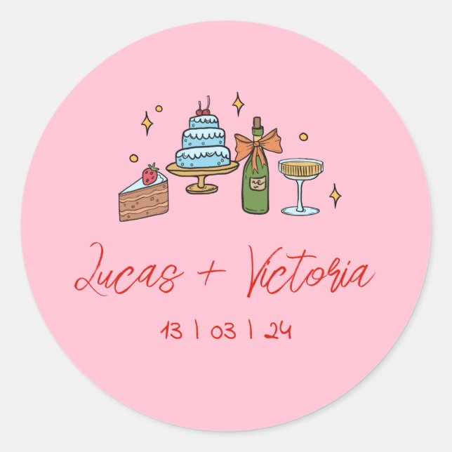 Colourful Pink Hand Drawn Funky Written Wedding Classic Round Sticker (Front)