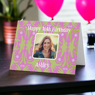 Colourful Pink Happy Birthday Photo Card Custom Ag