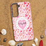 Colourful Pink Heart Pattern Monogram White Heart  Samsung Galaxy Case<br><div class="desc">This chic phone case features a watercolor pastel hearts background and pink heart and polka dot design with first name and initial letter monogram. Personalize the text fields with a first or last name and initial, remove the text or edit using the design tool to select a font style, size,...</div>