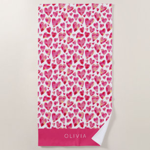 Colourful Pink Heart Pattern Personalized Beach Towel