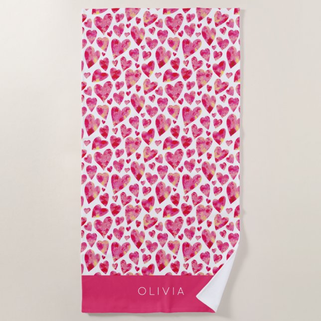 Colourful Pink Heart Pattern Personalized Beach Towel (Front)