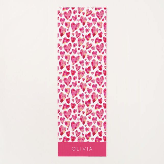 Colourful Pink Heart Pattern Personalized Yoga Mat (Front)