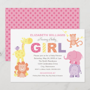 Colourful Pink Jungle Animals Girl Shower Invitation