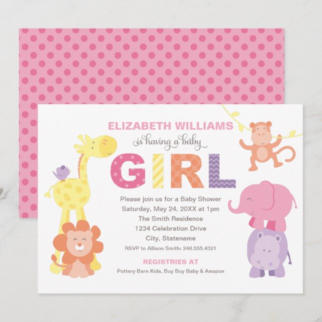 Colourful Pink Jungle Animals Girl Shower Invitation (Front/Back)