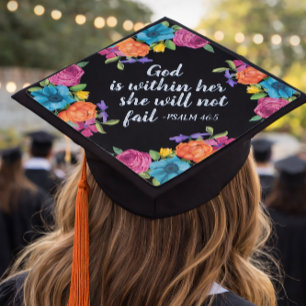 Colourful Pink Orange Blue Floral Black Christian Graduation Cap Topper