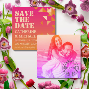 Colourful Pink & Orange Geometric Wedding Photo Save The Date