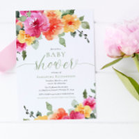 Colourful pink orange peonies girl baby shower inv