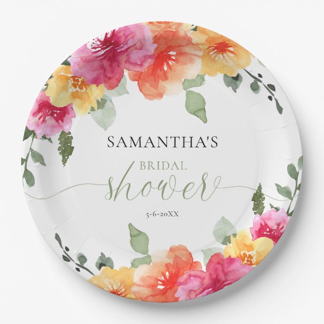 Colourful pink orange peonies spring bridal shower paper plate (Front)
