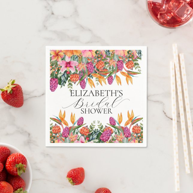 Colourful Pink Orange Tropical Floral Bridal Showe Napkin (Insitu)