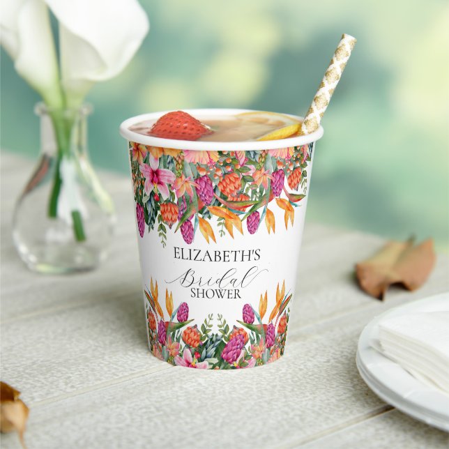 Colourful Pink Orange Tropical Floral Bridal Showe Paper Cups (Insitu)