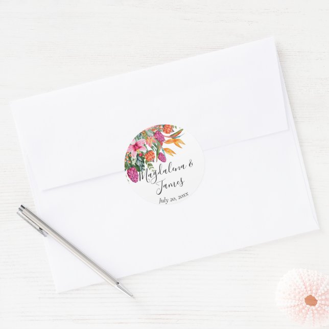 Colourful Pink Orange Tropical Flowers Wedding Classic Round Sticker (Envelope)