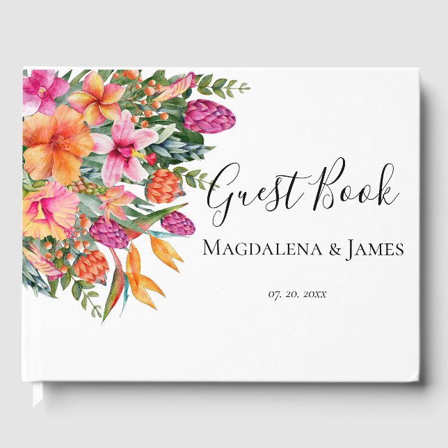 Colourful Pink Orange Tropical Flowers Wedding Guest Book (Front)