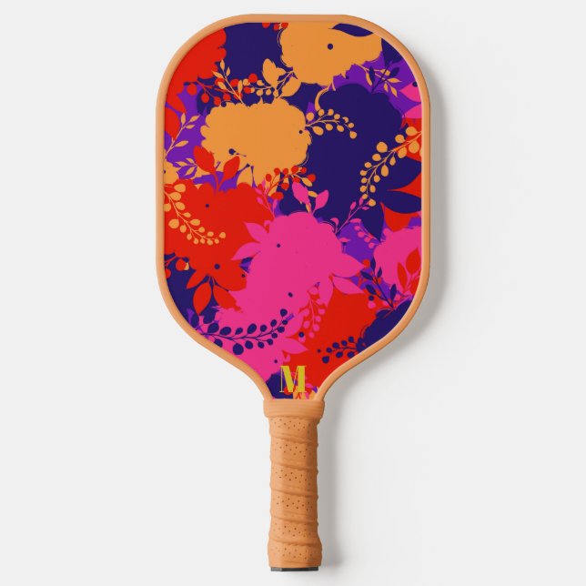 Colourful Pink Orange Watercolor Leaf Pattern Pickleball Paddle (Front)