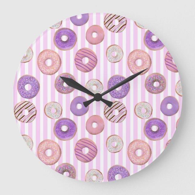 Colourful pink pastel doughnut stripe illustration large clock (Front)
