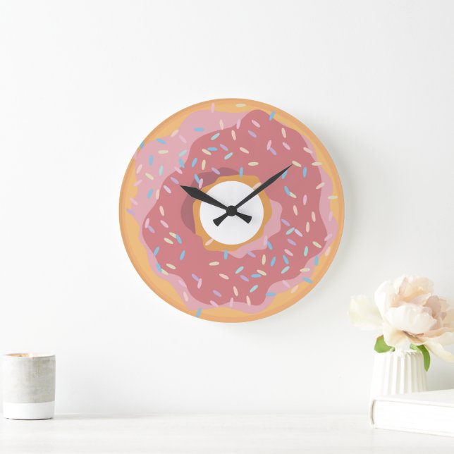 Colourful Pink Pastel Doughnuts & Sprinkles Patter Large Clock (Home)