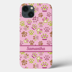 Colourful Pink Paws Personalized iPhone 13 Case