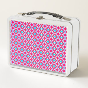 Colourful pink, purple and blue metal lunch box