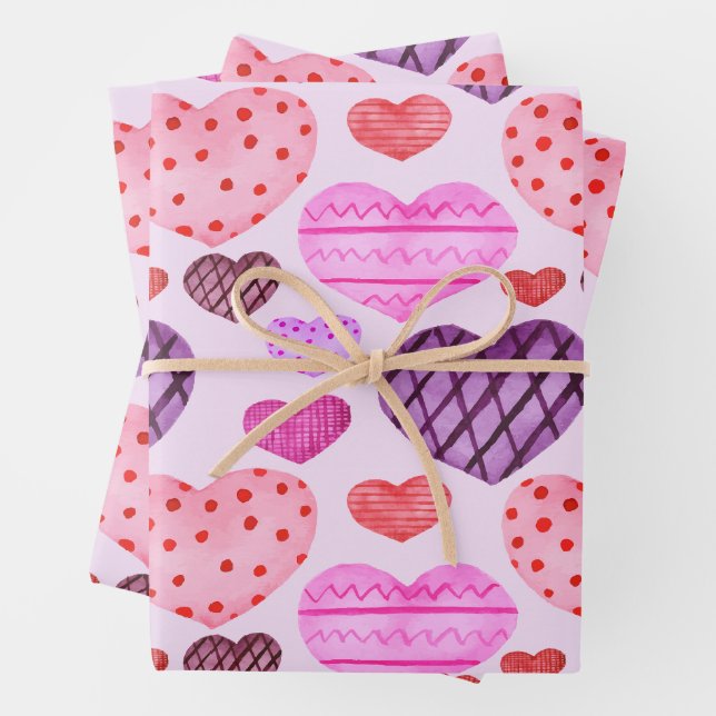 Colourful Pink, Purple, Red Valentine's Day Hearts Wrapping Paper Sheet (In situ)