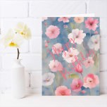 Colourful Pink Spring Flowers on Shades of Blue Card<br><div class="desc">Colourful feminine Pink spring flowers Birthday Card. Warm softly coloured digital watercolor painting print of lovely pink floral design on blue background.</div>