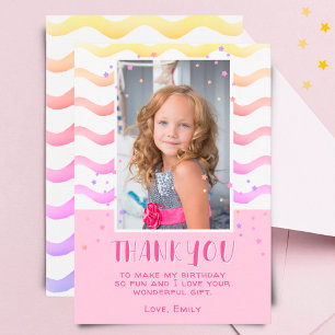 Colourful Pink Stars Birthday Kids Girl Photo Thank You Card