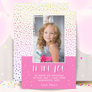 Colourful Pink Stars Birthday Kids Girl Photo Thank You Card