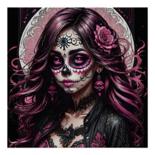 Colourful Pink Sugar Skull no p3 Glossy Poster