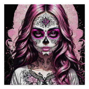 Colourful Pink Sugar Skull no p4 Glossy Poster