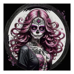 Colourful Pink Sugar Skull no p5 Glossy Poster