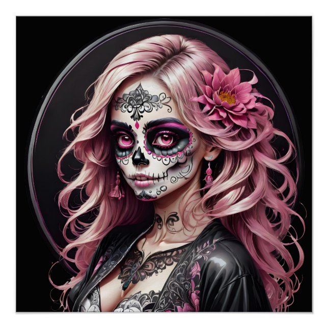 Colourful Pink Sugar Skull no p5 Glossy Poster (Front)