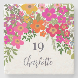 Colourful Pink Summer Garden Flowers Custom Name  Stone Coaster
