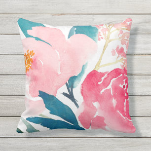 Colourful Pink & Teal Painted Outdoor Accent Pillow