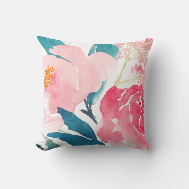 Colourful Pink & Teal Painted Outdoor Pillow (Front)