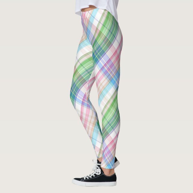 Colourful Pink Turquoise Green Plaid Tartan Leggings (Left)