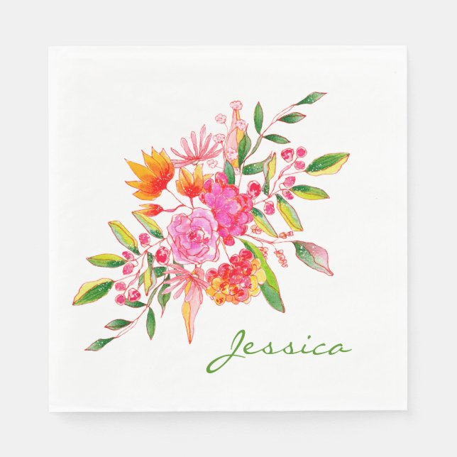 Colourful Pink Watercolor Floral Art Personalized  Napkin (Front)