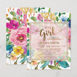 Colourful Pink Yellow Floral  Script Baby Shower Invitation