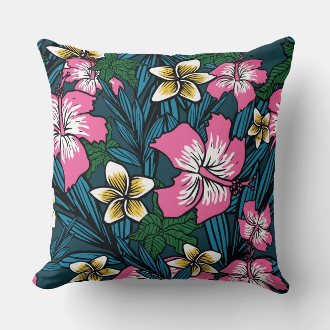 Colourful Pink Yellow Teal Polynesian Floral Pillo Throw Pillow (Front)