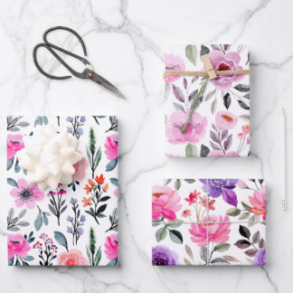 Colourful Pinks and Purple Watercolor Floral Wrapping Paper Sheet