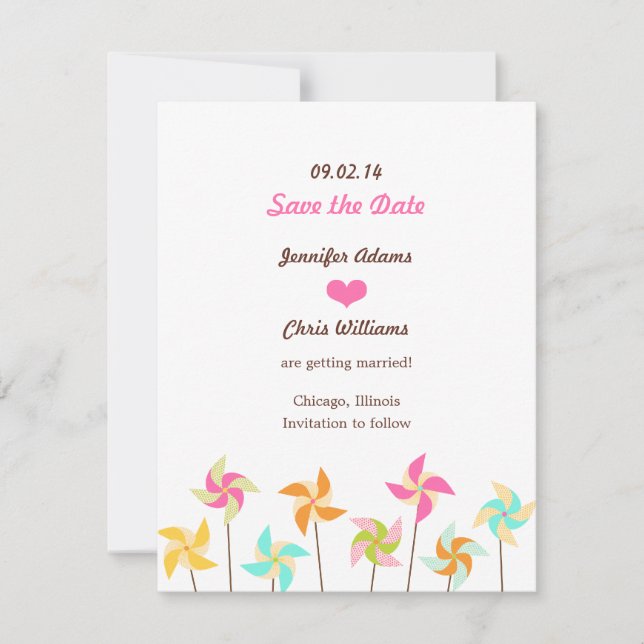 Colourful Pinwheel Themed Wedding Save The Date (Front)