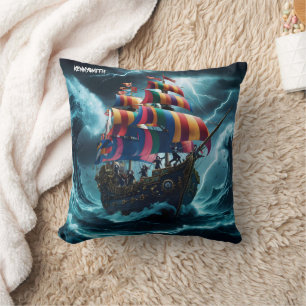 Colourful Pirate Ship Battling Stormy Seas Throw Pillow