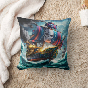 Colourful Pirate Ship Battling Turbulent Seas Throw Pillow