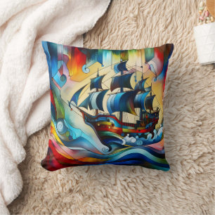 Colourful Pirate Ship in Abstract Waves Throw Pillow