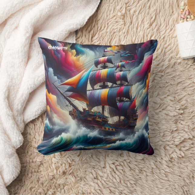 Colourful Pirate Ship Navigates Stormy Seas Throw Pillow (Blanket)