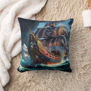 Colourful Pirate Ship Navigating Stormy Seas Throw Pillow