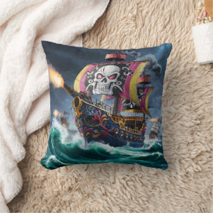 Colourful Pirate Ship Navigating Stormy Seas Throw Pillow