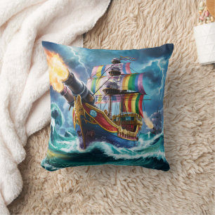 Colourful Pirate Ship Navigating Stormy Seas Throw Pillow