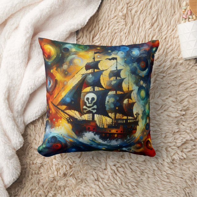 Colourful Pirate Ship Navigating Stormy Seas Throw Pillow (Blanket)